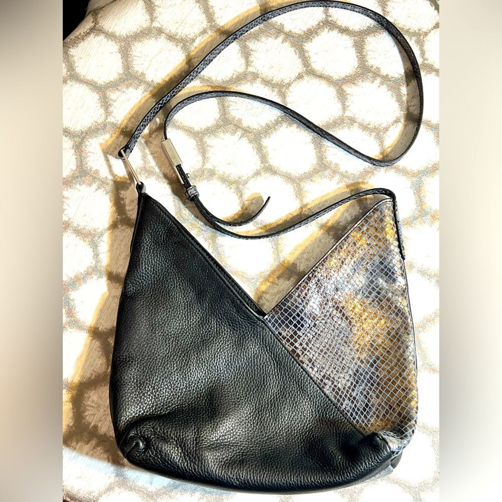GILI Chic Black Leather & Crossbody Bag w skin accents, genuine leather